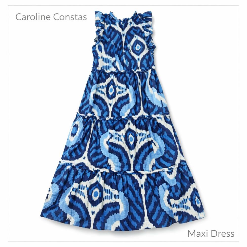 Caroline Constas Maxi Dress Blue Ikat Cotton Size L Tribal Tiered Boho Chic